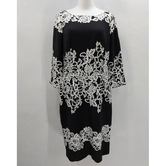 Adrianna Papell Dresses & Skirts - Adrianna Papell Sheath Dress Women's 12 Black White Floral Lace Print Cocktail